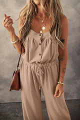 Women's Knotted Straps Button Textured Drawstring Jumpsuit