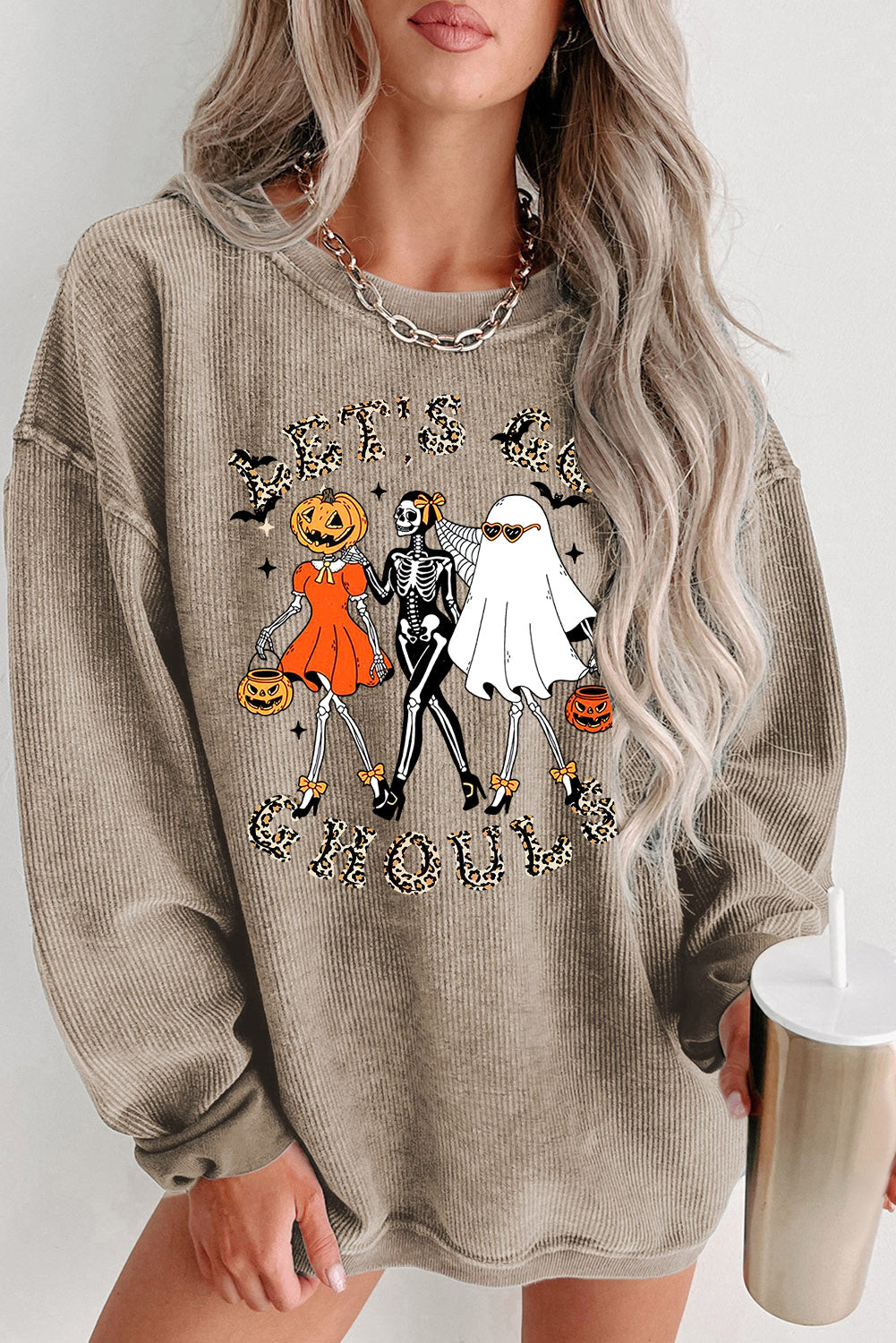 Halloween Plain Crew Neck Pumpkin Skull Ghost Pattern Pullover Sweatshirt