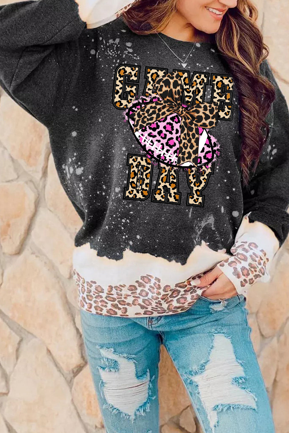 Game Day Leopard Print Rugby Pullover Sweatshirt