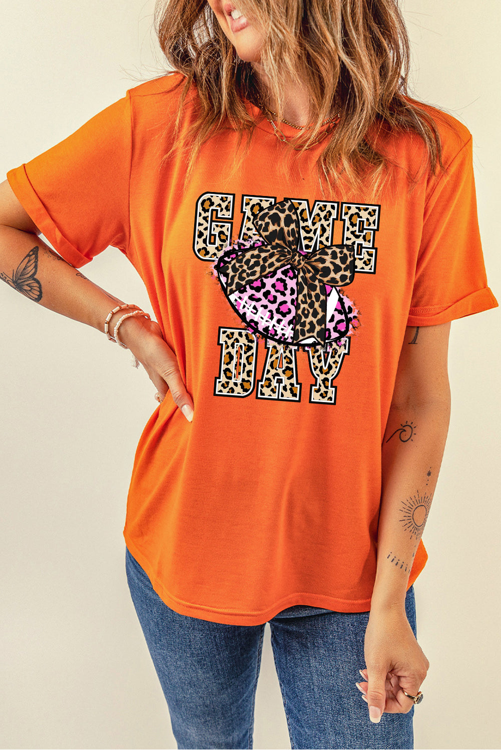 Game Day Leopard Rugby Solid Color Crew Neck T-Shirt