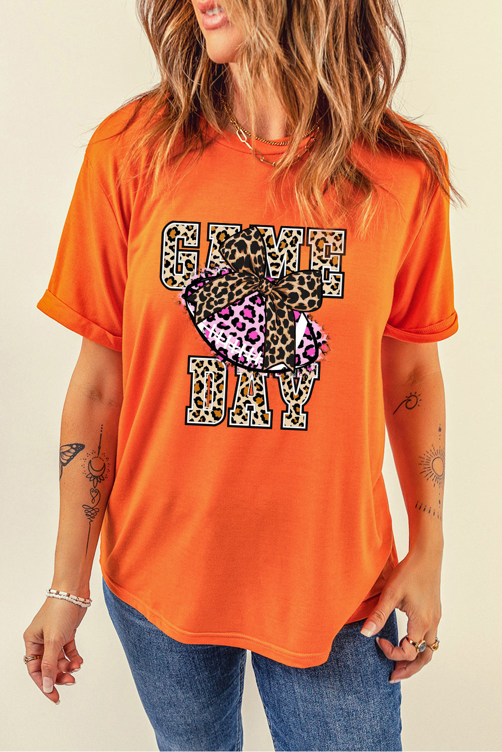 Game Day Leopard Rugby Solid Color Crew Neck T-Shirt