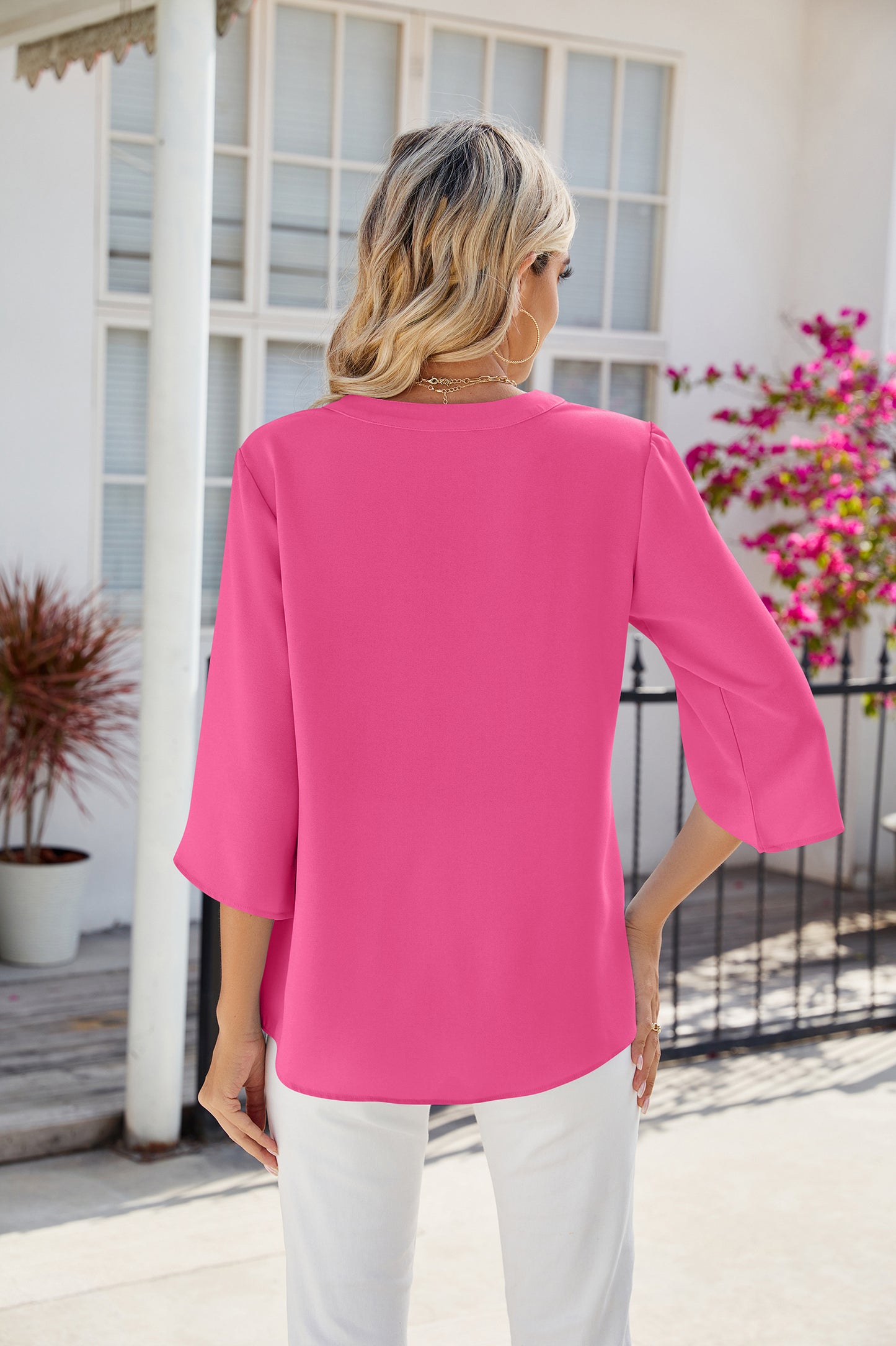 V-neck Medium sleeve chiffled chiffon top