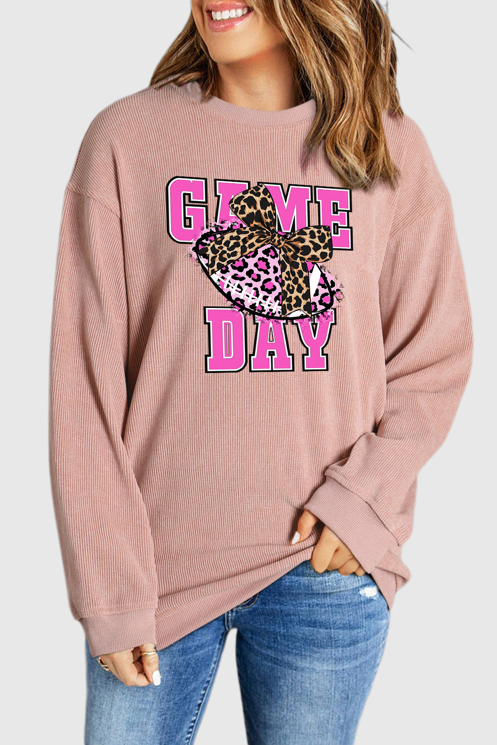 Game Day Bow Rugby Ribbed Knit Crew Neck Pullover Sweatshirt