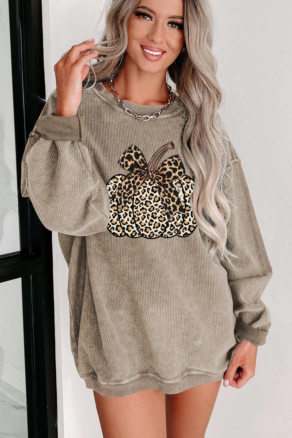 Pumpkin Ribbed Knit Round Neck Pullover Sweatshirt for Woman