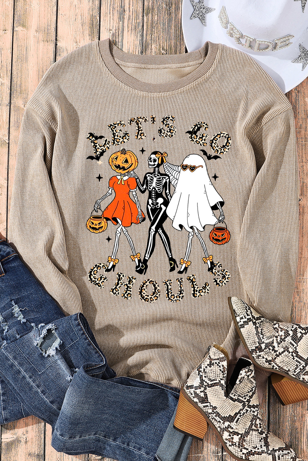 Halloween Plain Crew Neck Pumpkin Skull Ghost Pattern Pullover Sweatshirt