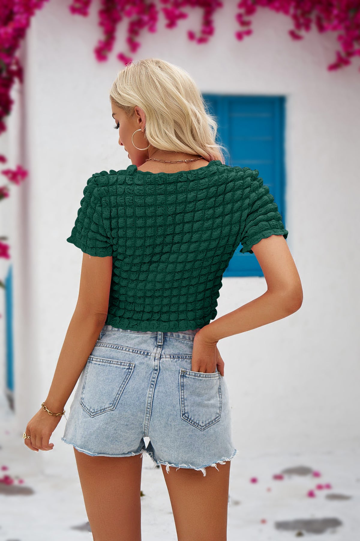 Three-dimensional Puff Checkered Belly Button Crop Top