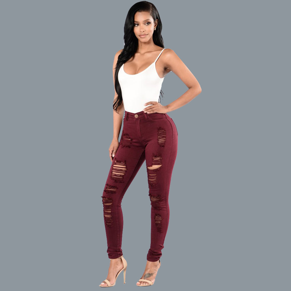 Ripped Jeans Women's Slim Multicolored Trousers