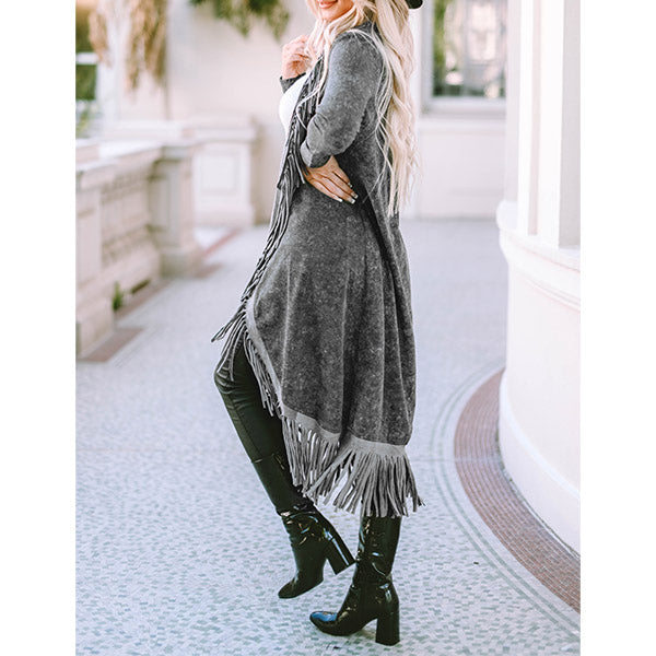 Black Fringed Hem Pocketed Open Cardigan