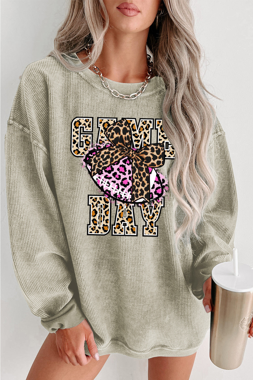 Game Day Leopard Ribbed Knit Crew Neck Pullover Sweatshirt