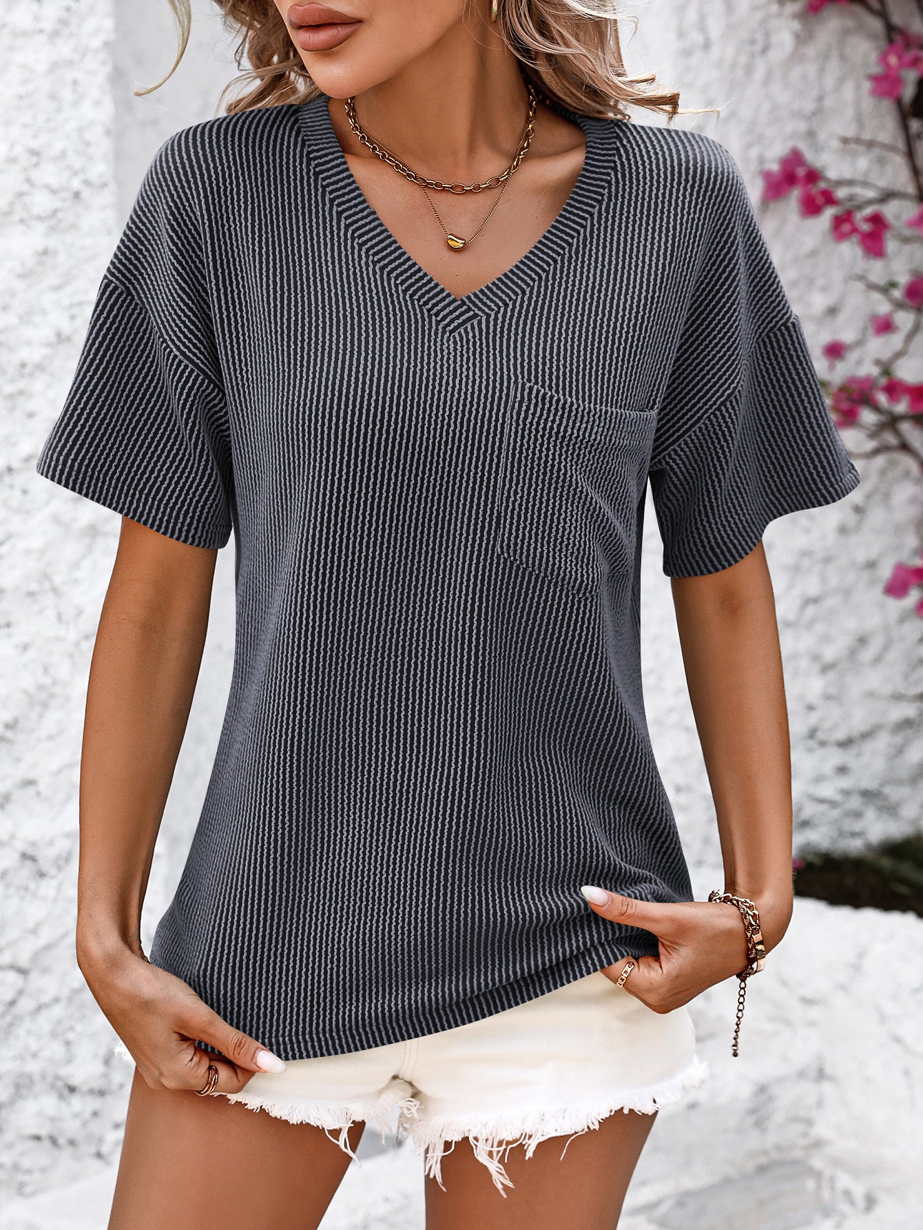 V Neck Casual Strip Short Sleeve Knit Top With Pockets