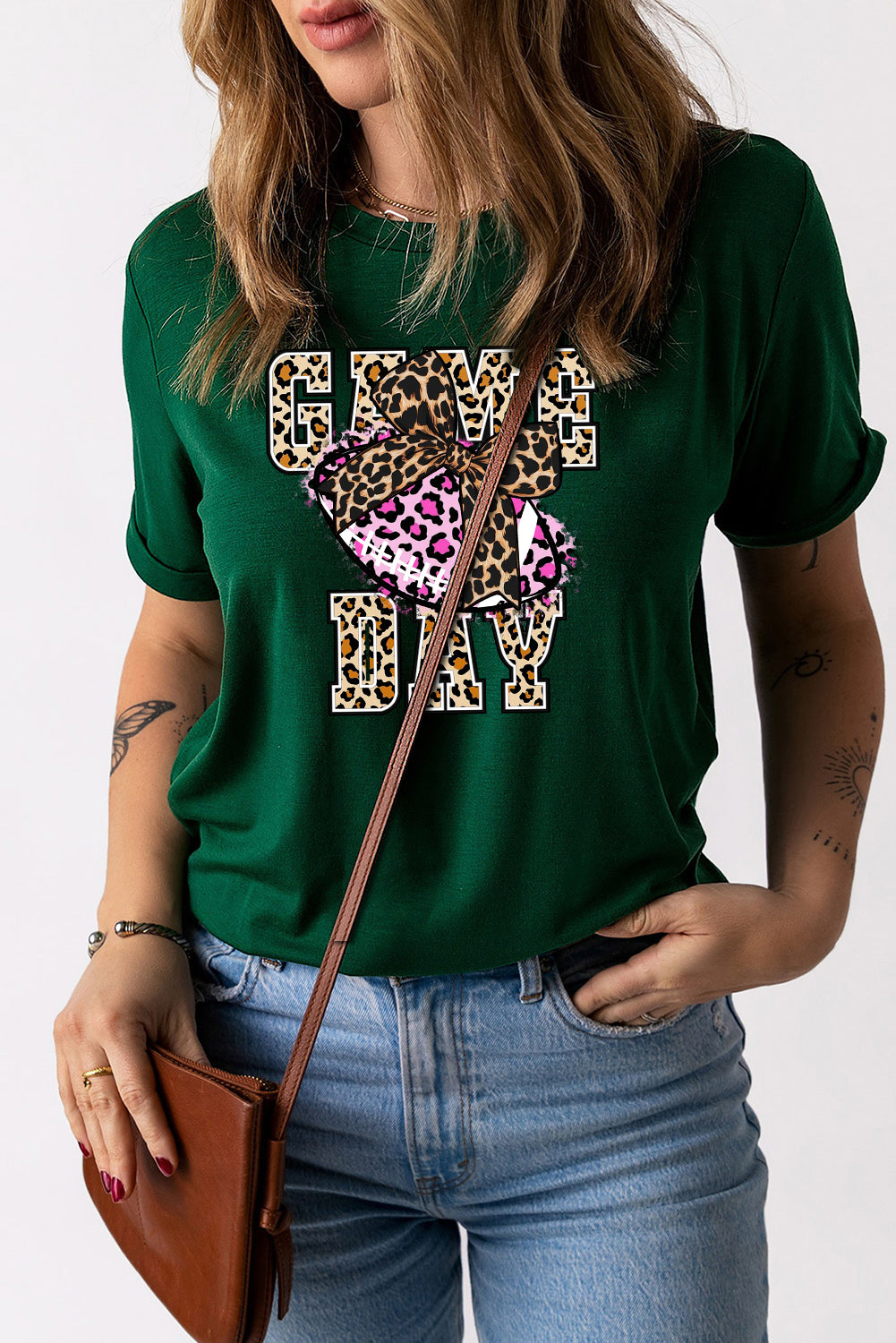 Game Day Leopard Rugby Solid Color Crew Neck T-Shirt