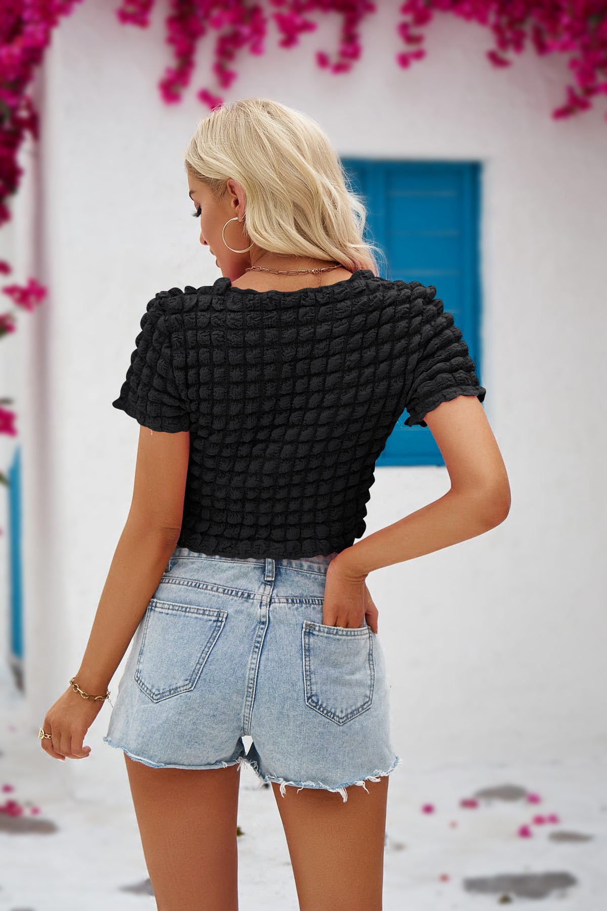 Three-dimensional Puff Checkered Belly Button Crop Top