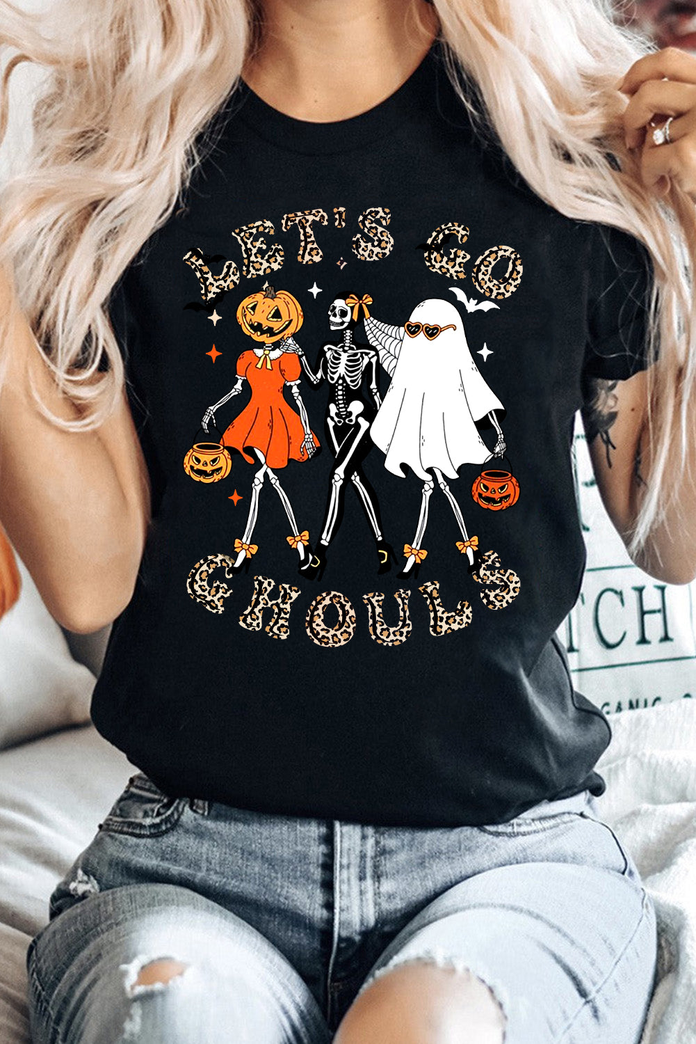 Halloween Pumpkin Skull Plain Crew Neck T-Shirt