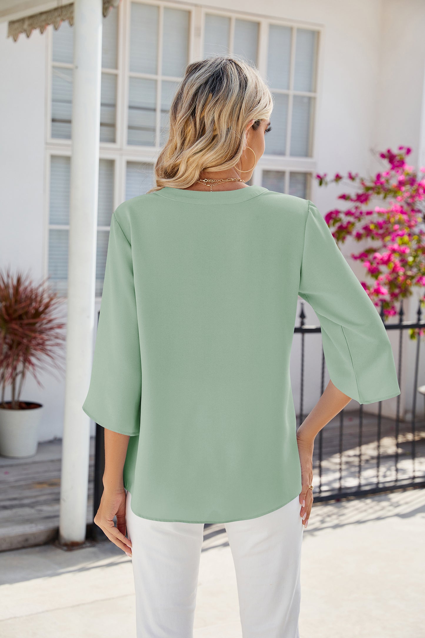 V-neck Medium sleeve chiffled chiffon top