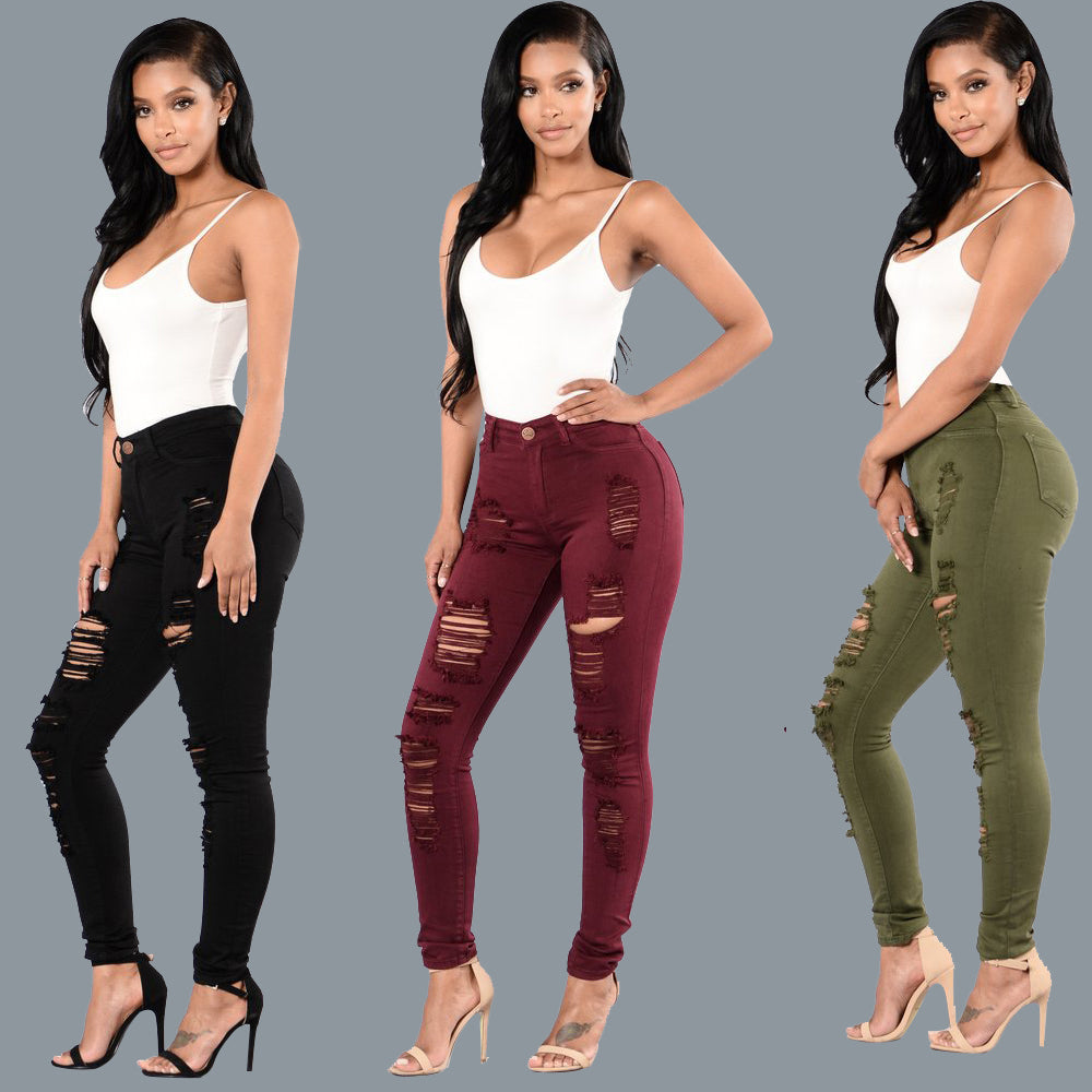 Ripped Jeans Women's Slim Multicolored Trousers