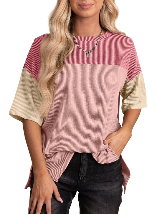 Color Block Short-Sleeved Crew Neck Knitted T-Shirt Top