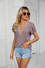 Gold lace V-Neck Tile Short Sleeve Solid Color T-Shirt top