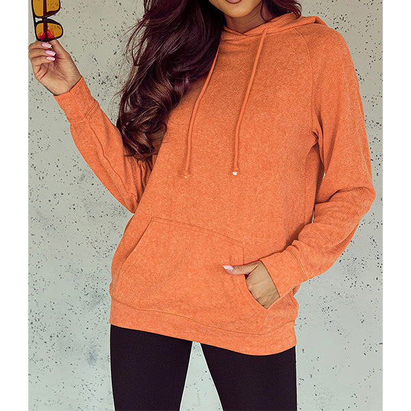 Orange Mineral Wash Kangaroo Pocket Drawstring Pullover Hoodie