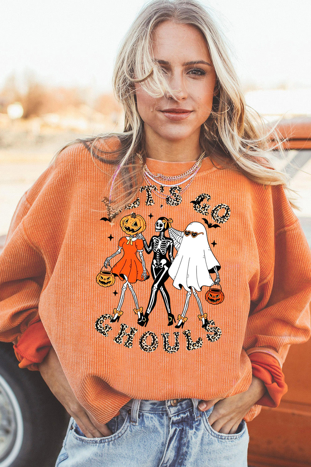 Halloween Spooky Crew Neck Pumpkin Skull Pullover Sweatshirt