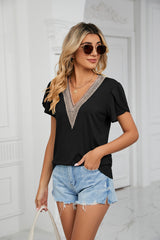 Gold lace V-Neck Tile Short Sleeve Solid Color T-Shirt top