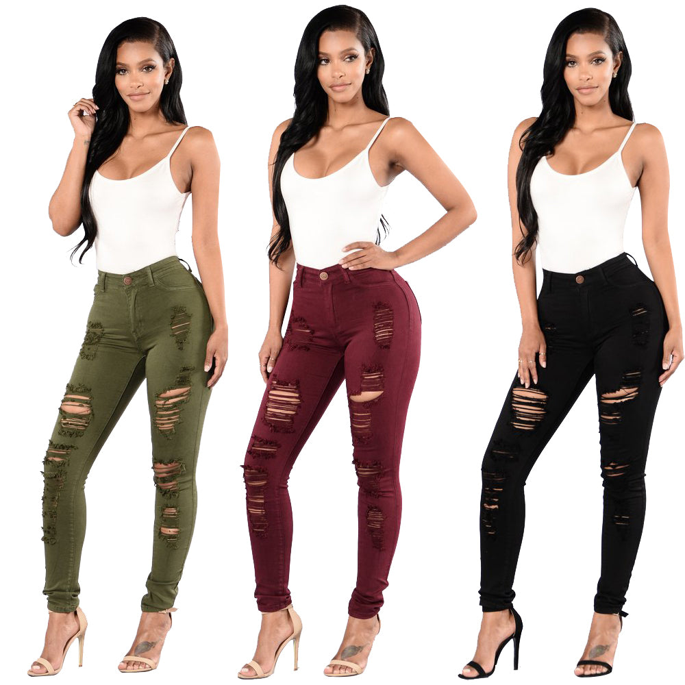 Ripped Jeans Women's Slim Multicolored Trousers