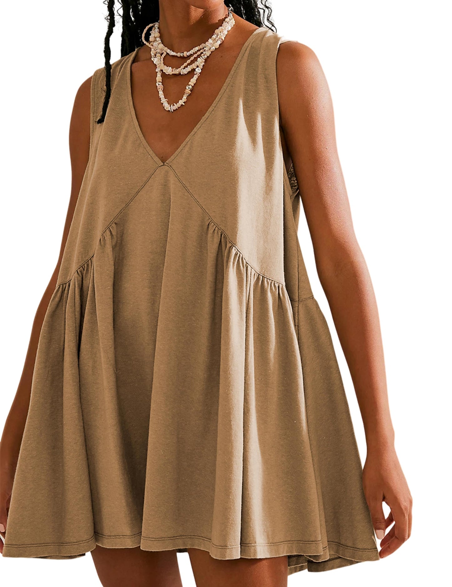 Summer Casual V Neck Sleeveless Solid Color Mini Dress