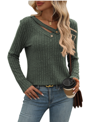 V-neck Button Top Pit Strip Sweater Long Sleeve