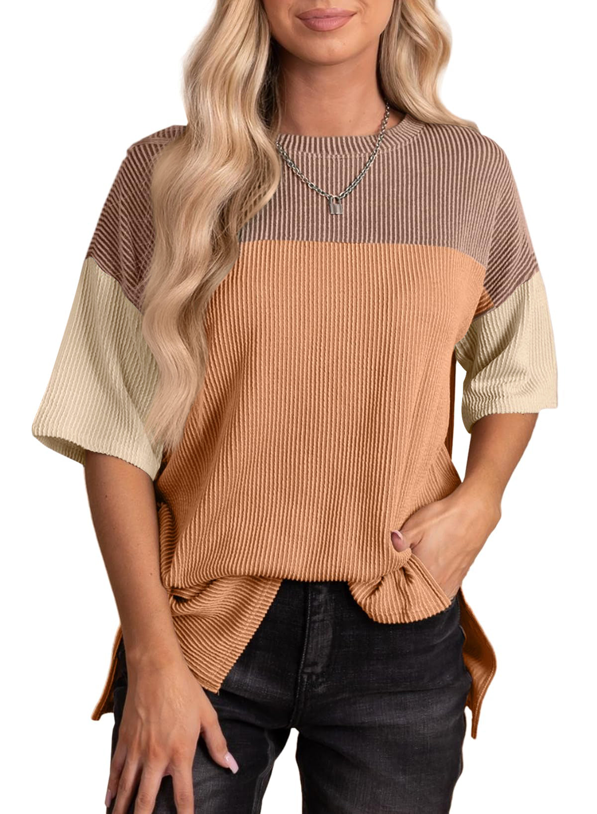 Color Block Short-Sleeved Crew Neck Knitted T-Shirt Top