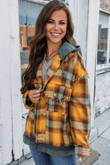 Plaid Patch Hooded Frayed Snap Button Jacket