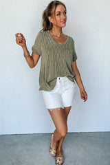 Laurel Green Twist Short Sleeve Corded V Neck Top