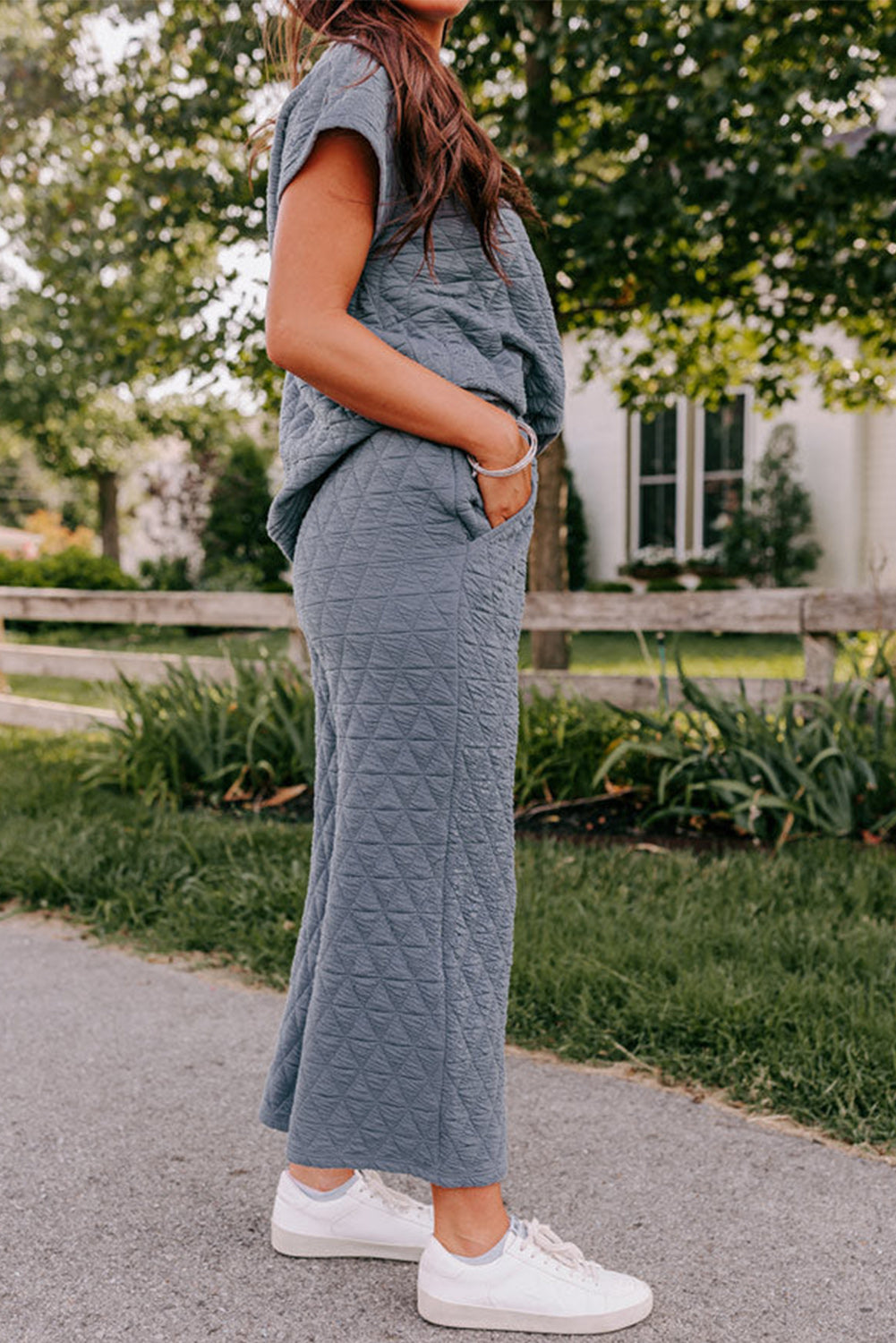 Real Teal Quilted Short Sleeve Wide Leg Pants Set