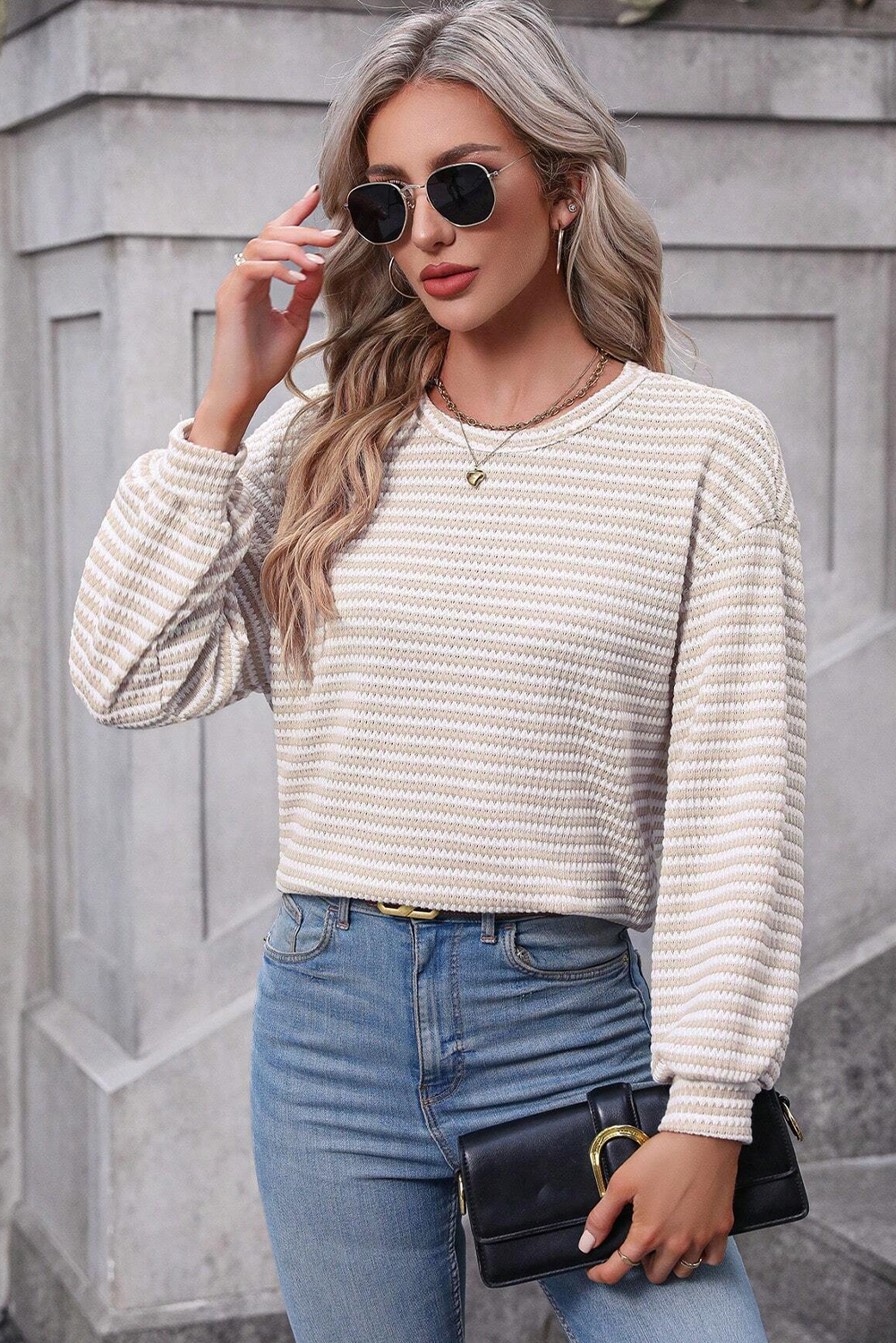 Stripe Round Neck Drop Shoulder Long Sleeve Top