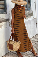 Brown Striped Sleeveless Wide Leg Jumpsuit