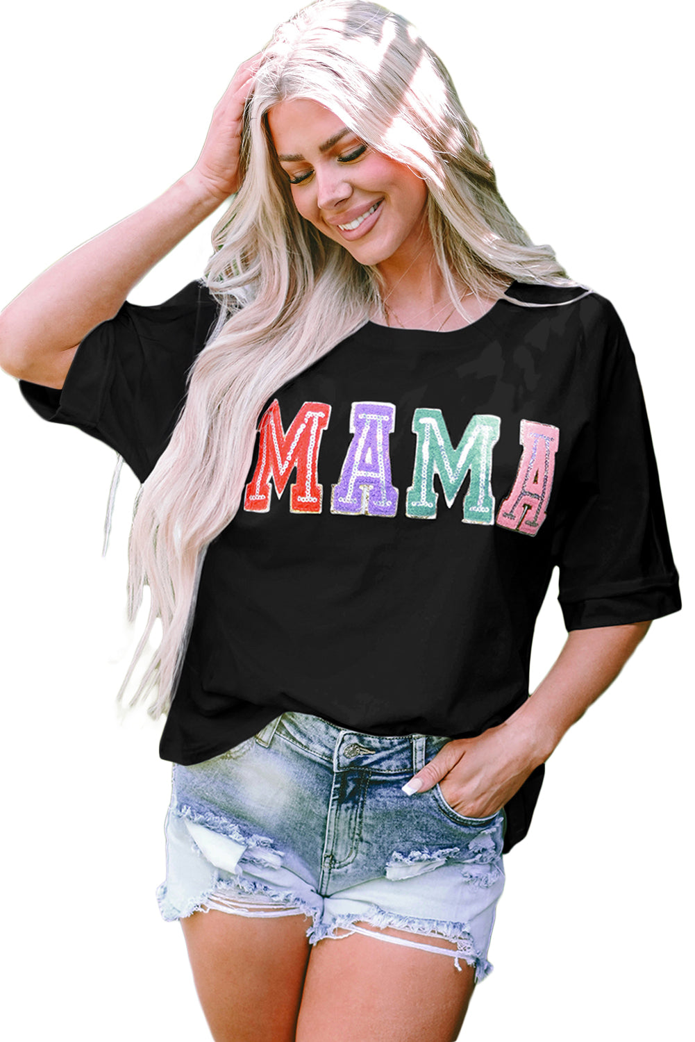 Multicolor MAMA Chenille Patched Crew Neck T Shirt