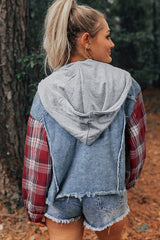 Plaid Print Patchwork Hooded Raw Hem Denim Jacket