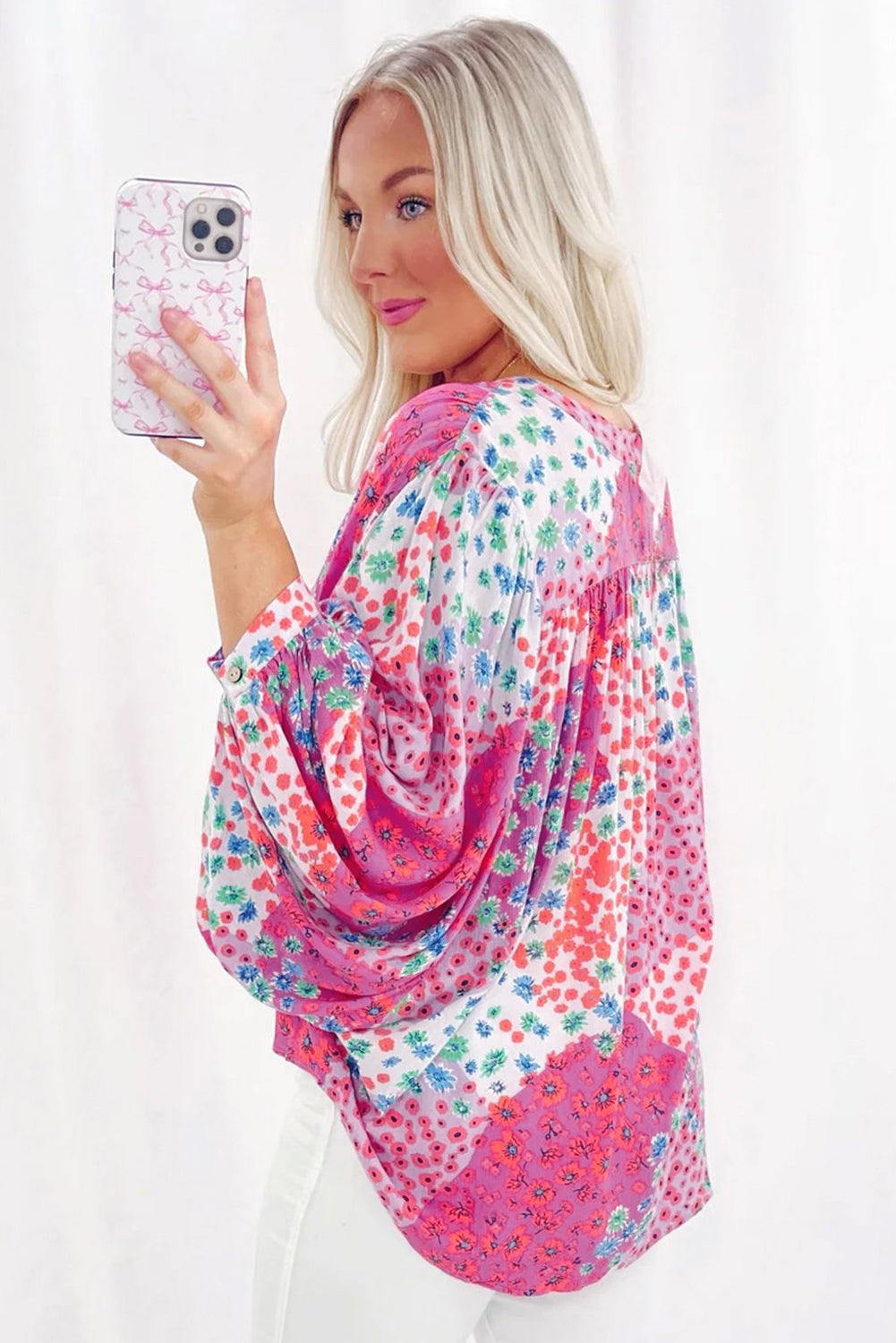 Floral Allover Print Buttoned V Neck Oversized Shirt