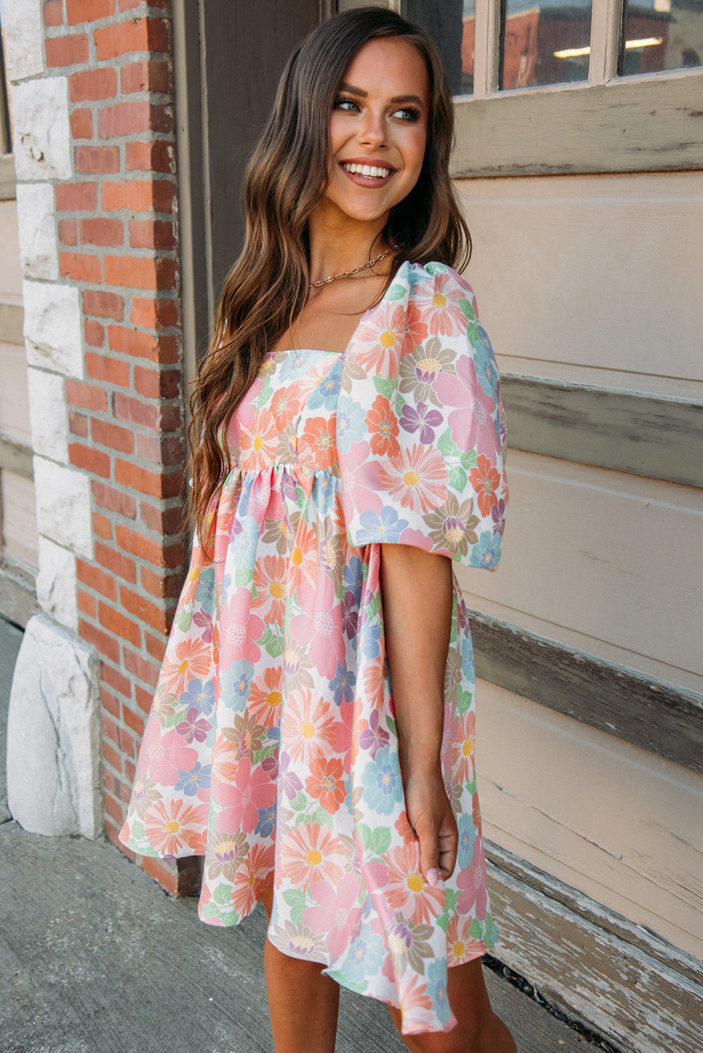 Women's Summer Floral Square Neck Puff Sleeve Babydoll Dress