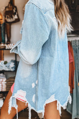 Mineral Wash Distressed Frayed Long Denim Jacket