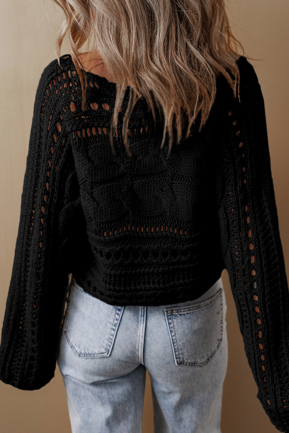 Solid Color Hollow-out Cable Knit Cropped Sweater