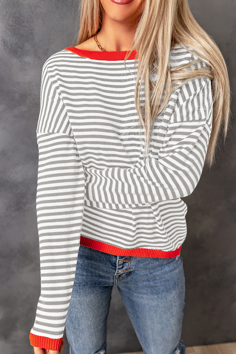 Contrast Trimmed Striped Drop Shoulder Sweater