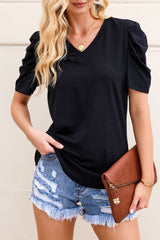 Black Puff Sleeve V-Neck T-Shirt