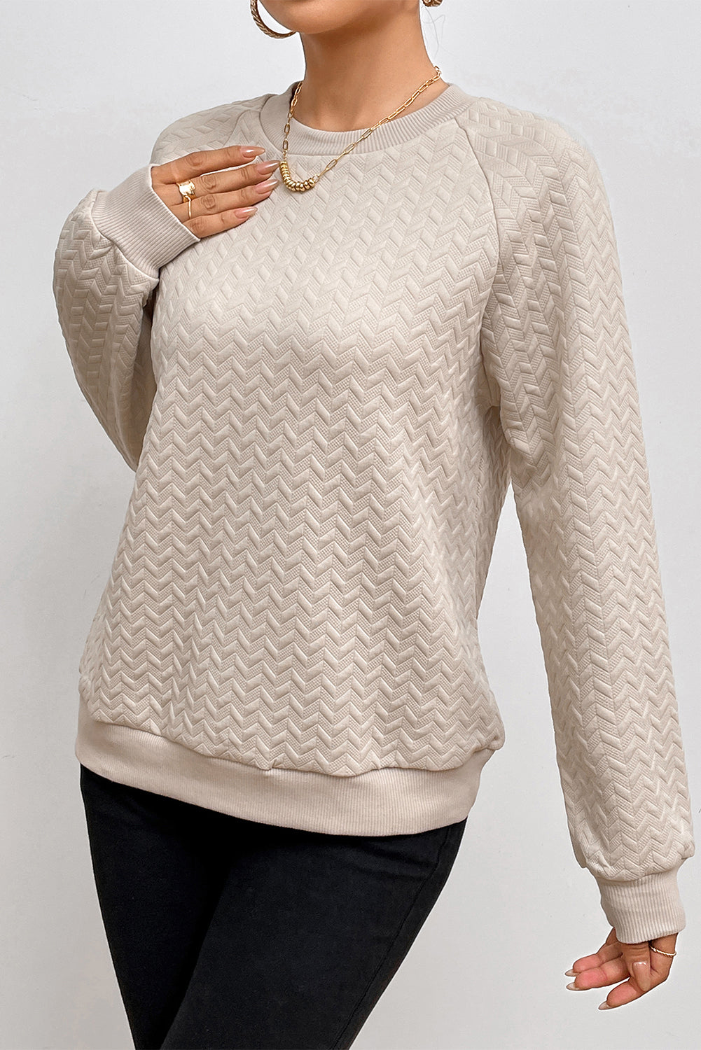 Beige Solid Textured Raglan Sleeve Pullover Sweatshirt