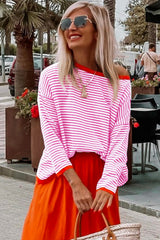 Pink Contrast Trimmed Striped Drop Shoulder Sweater