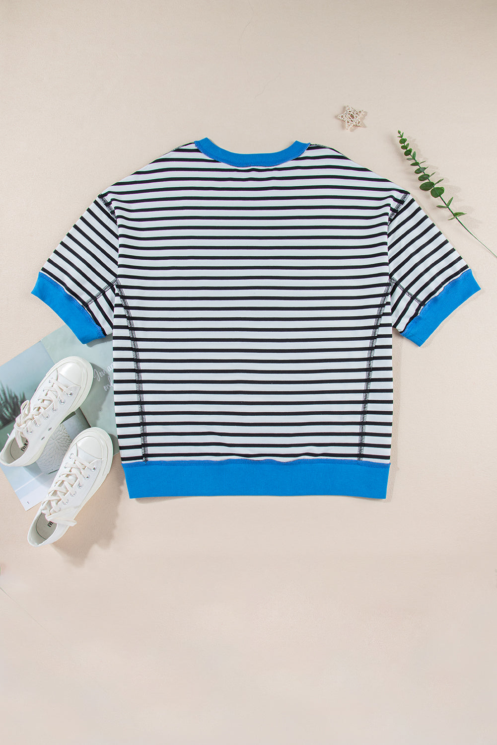 Sky Blue Stripe Oversized Contrast Trim Exposed Seam High Low T Shirt