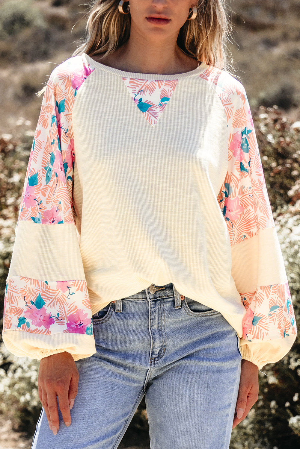 Textured Floral Patchwork Balloon Sleeve Blouse