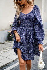 Sapphire V-Neck Off-The-Shoulder Holiday Floral Long-Sleeved Short Dress