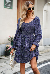 Sapphire V-Neck Off-The-Shoulder Holiday Floral Long-Sleeved Short Dress