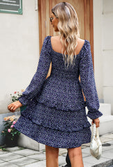 Sapphire V-Neck Off-The-Shoulder Holiday Floral Long-Sleeved Short Dress