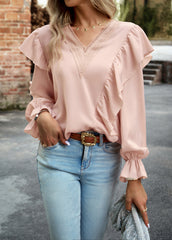 Pink V-Neck Puff Long-Sleeved Top