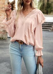 Pink V-Neck Puff Long-Sleeved Top